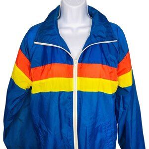 Vintage 80s Jacket Mens S Blue Windbreaker Rainbow Stripe